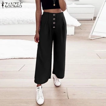 

ZANZEA 2020 Fashion Front Buttons Pockets Long Trousers Women High Waist Wide Leg Pants Casual Solid Pantalon Femme Palazzo 5XL