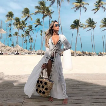 

Tunic bikini Cover-ups White Chiffon Lace Tunic Beach Long Dress Summer Women Beachwear Sexy V-Neck Swimsuit Cover Up