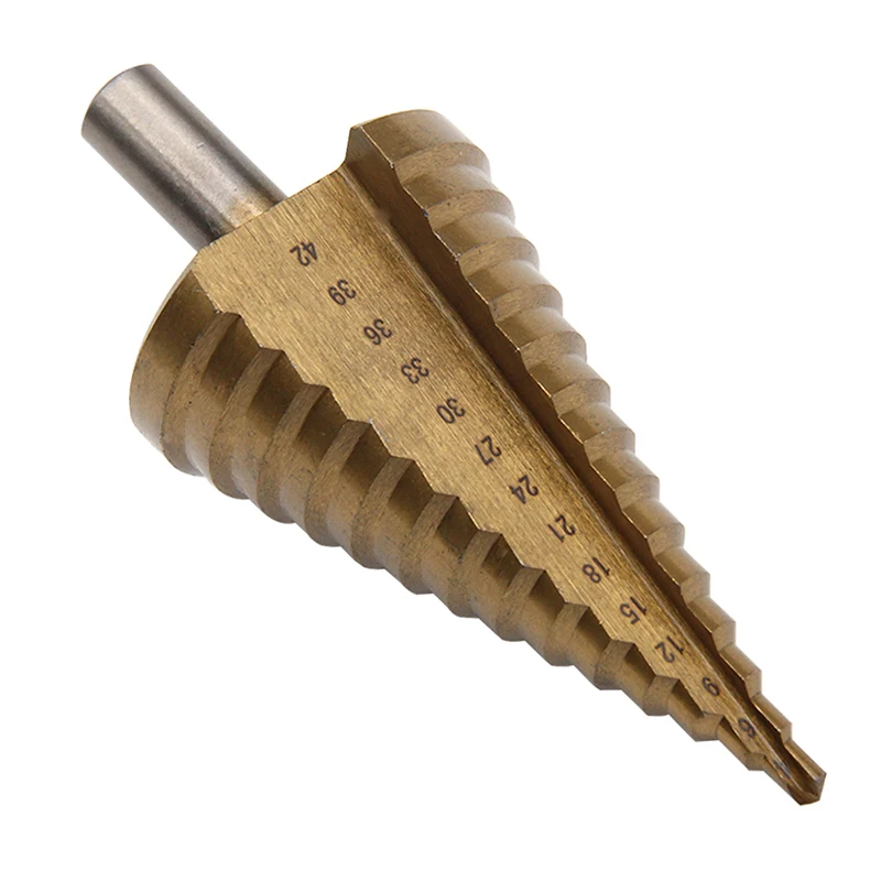 

1pc HSS Step Cone Drill Bit 4 42mm Round Handle Titanium Plated Hole Cutter Woodworking Drilling Bits