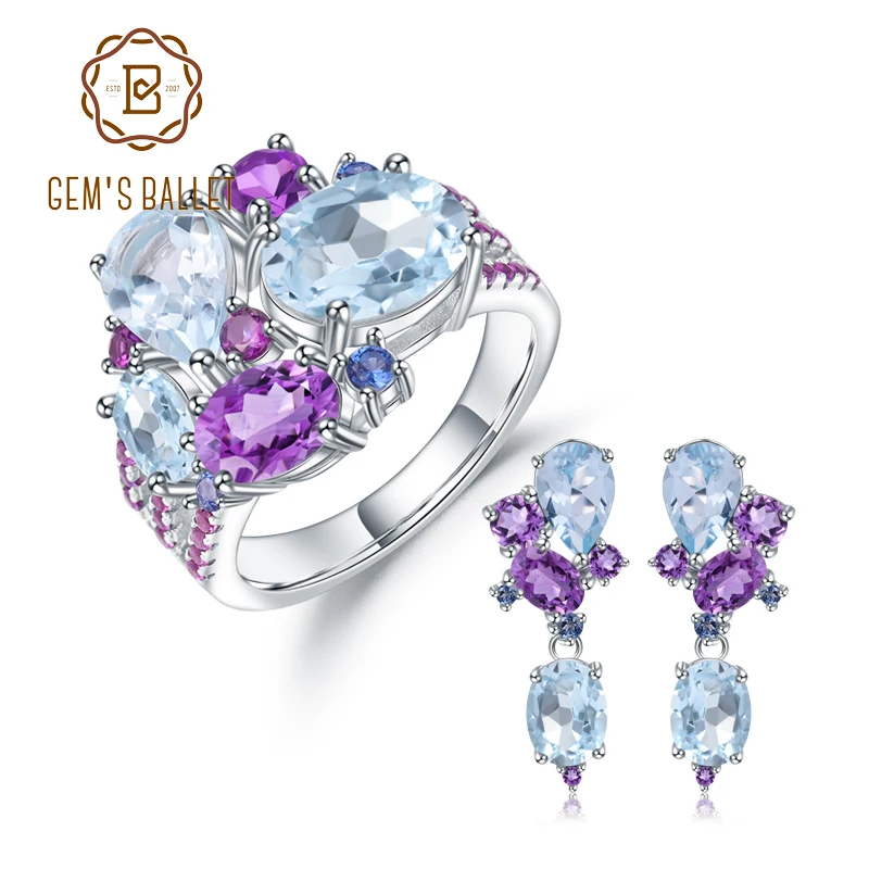GEM'S BALLE, настоящее 925 пробы, серебряные, яркие, ювелирный набор, Натуральный топаз, аметист, кольцо, серьги-гвоздики для женщин, хорошее ювелирное изделие