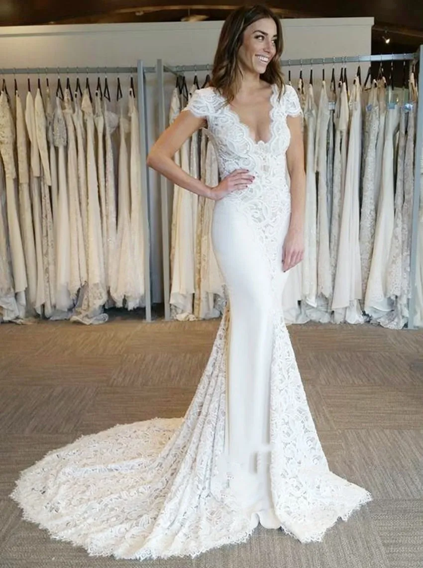 as picture mermaid wedding dresses Scalloped Neck White Lace Appliques Short Cap Sleeve Backless Sweep Train Elegant Slim Bridal Gowns - Цвет: as picture