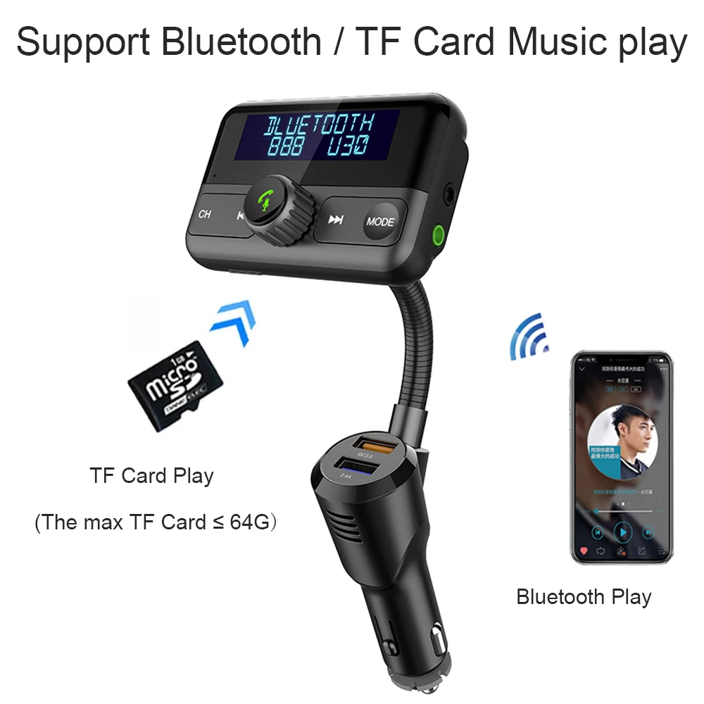 JINSERTA 1," большой экран fm-передатчик беспроводной Bluetooth QC3.0 двойное зарядное устройство USB громкой связи MP3 аудио автомобильный комплект