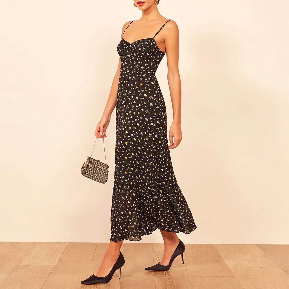 

Summer Dresses For Women 2021 Sweetheart Neck Spaghetti Strap Sexy Party Dress Ruffle Hem Elegant Vintage Floral Midi Dress