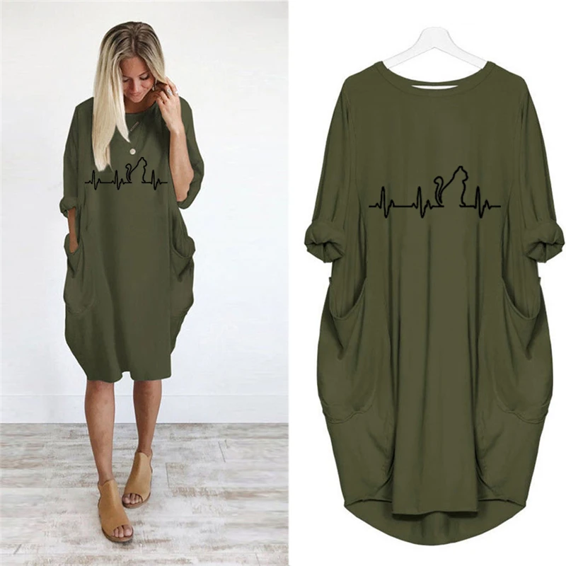 

2019 Girls Print Cat Pocket Loose Dress Vintage Spring Autumn Thin Woman Casual Loose Plus Size Dresses Party Women Dresses