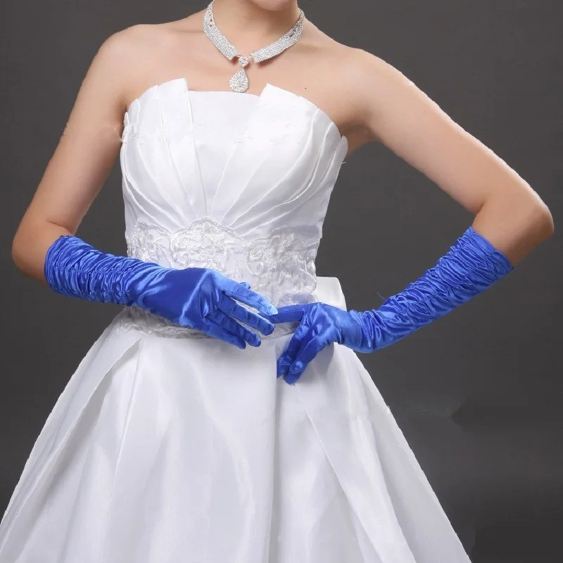 Красочные гофрированные Длинные свадебные вечерние аксессуары элегантные модные Королевский синий зеленый атласные перчатки на палец до локтя ST012