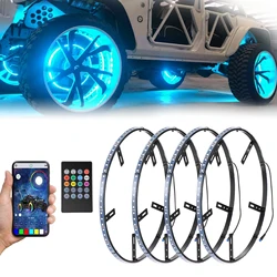 Éclairage annulaire de roue de voiture 15.5 pouces, 4 pièces, 23 Modes avec fonctions de direction et de feu stop, application et télécommande, étanche à la poussière 