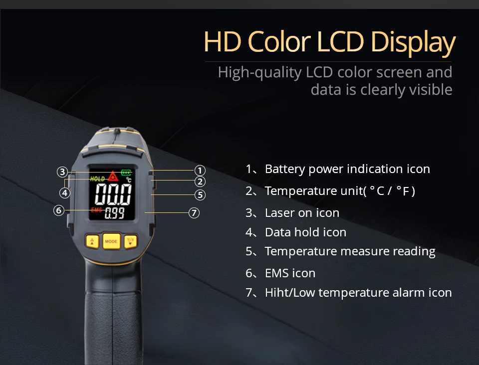 Thermomètre infrarouge numérique compteur de température Laser pyromètre sans contact imageur hygromètre IR Termometro couleur LCD alarme lumineuse