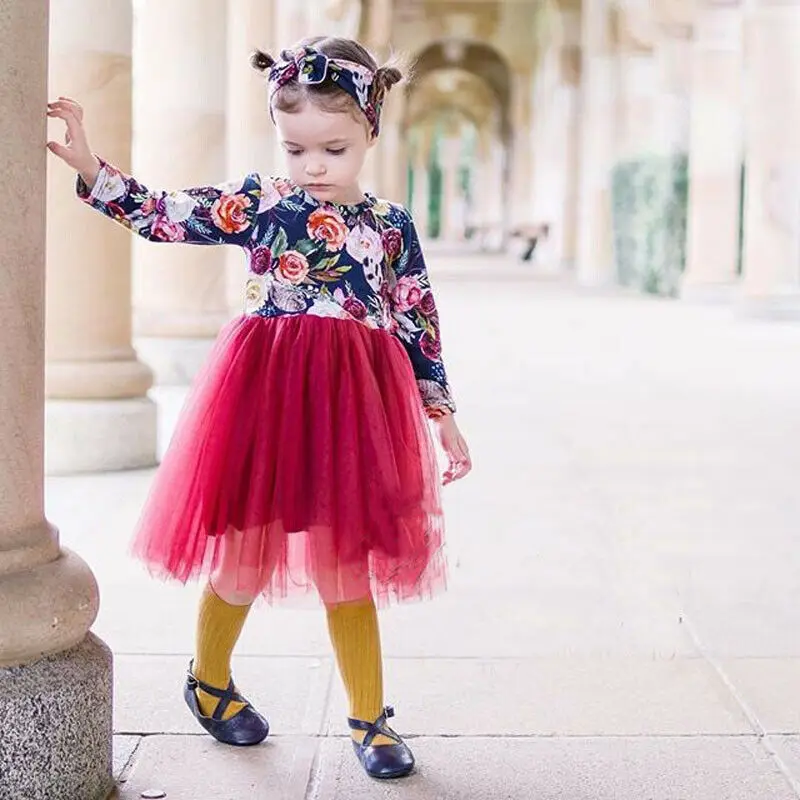 Детское платье-пачка с длинным рукавом цветочным принтом | Детская одежда и обувь