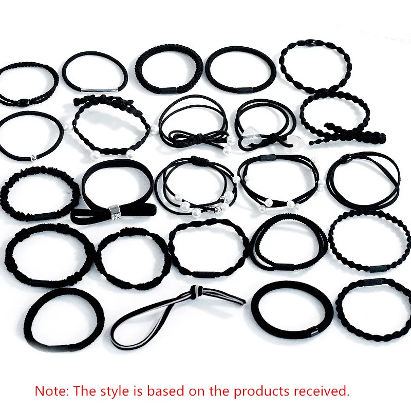 24PCs/Box Fashion Colorful Bowknot Women Girls Elastic Hair Rubber Band Accessories Imitation Pearls Simple Tie Hair Ring Rope - Цвет: Black