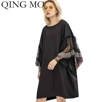 

QING MO Black Women Solid T Shirt Dress 2020 Summer Women Mesh Patchwork Dress Female Plsu Size Loose Dress ZQY3567