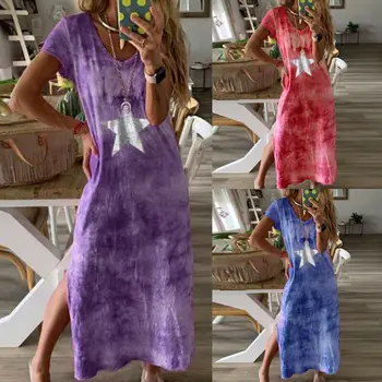 

Retro Hot Selling Women Summer Dress Star Printed Soft Loose Short Sleeve Girls Dress Ladies Casual Summer Beach Long Maxi Dress