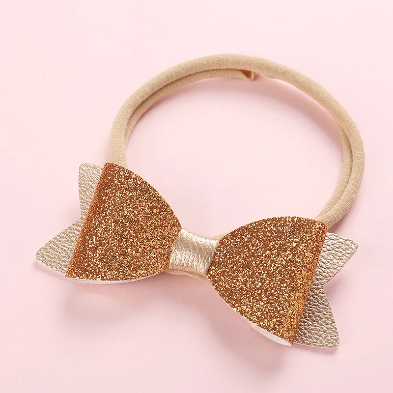 3 10pcs/lot 2 Layer Synthetic Leather Sequin Bow Headband For kids Princess Chic Bow Nylon Elastic Hairbands for Toddlers Girl - Цвет: 3