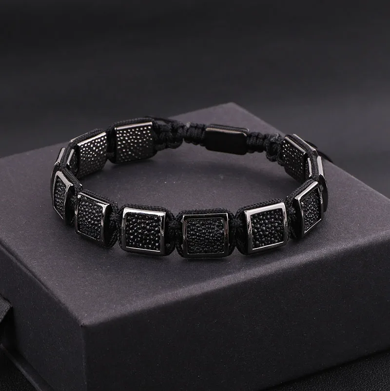 High Quality Black Snake Skin Leather Square Charm Braided Friendship Macrame Adjustable Bracelet Men - Image 3