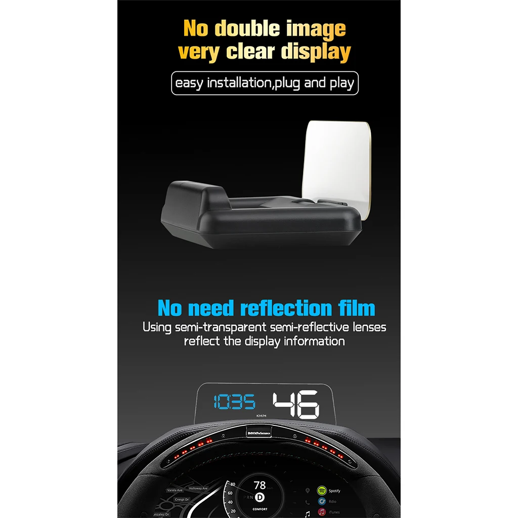 Car Head Up Display Multi-Color Speedometer Windshield Projector -40-80℃