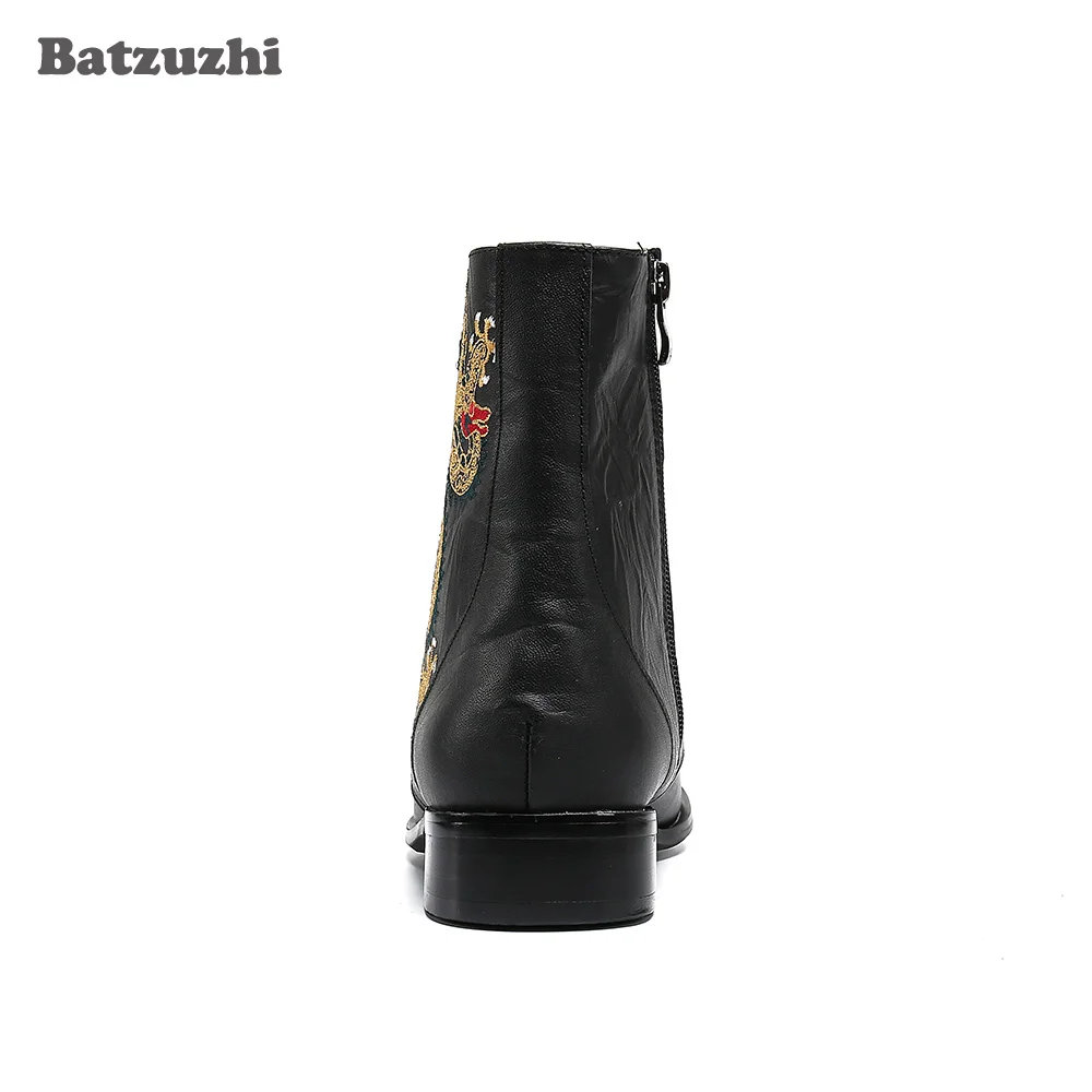 Batzuzhi Luxury Handmade Men's Boots Shoes Pointed Toe Embroidery Black Leather Ankle Boots Men Motorcycle/Biking Botas Hombre