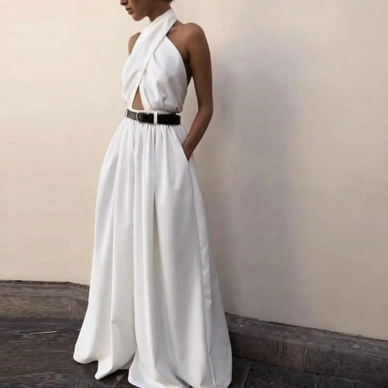 

2020 New Womens Jumpsuit Sexy Sleeveless Halter Neck Backless Jumpsuit White Long Wide Leg Pants Fashion Party Mono para mujer