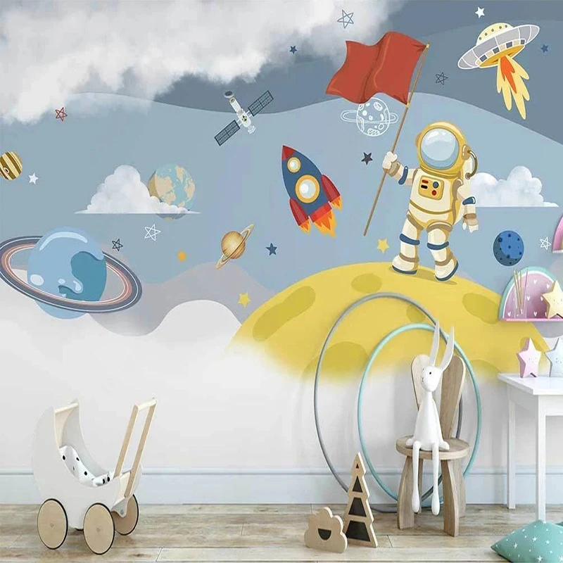 Custom Mural Wallpaper Nordic Ins Hand Painted 3D Cartoon Space Rocket Astronaut Children's Bedroom Background 3D Wall Painting the atlas of space rocket launch sites