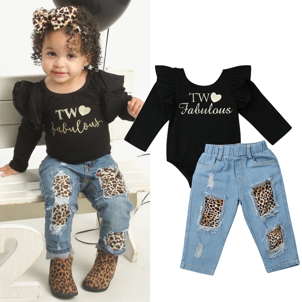 

New Leopard 3Pcs Toddler Clothes Set Kids Baby Girl Ruffle Tops Romper Denim Pants Hole Jeans Outfits Clothes