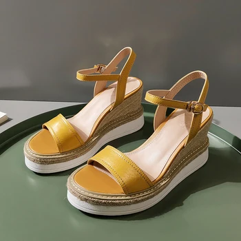 

Women's genuine leather wedge platform sandals open toe summer elegant ladies dress pumps leisure comfortable sandalias shoes