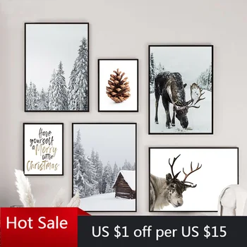 

Scandinavian Poster Winter Forest Moose Christmas Pinecone Nordic Style Print Art Canvas Painting Wall Decor Pictures Room Decor