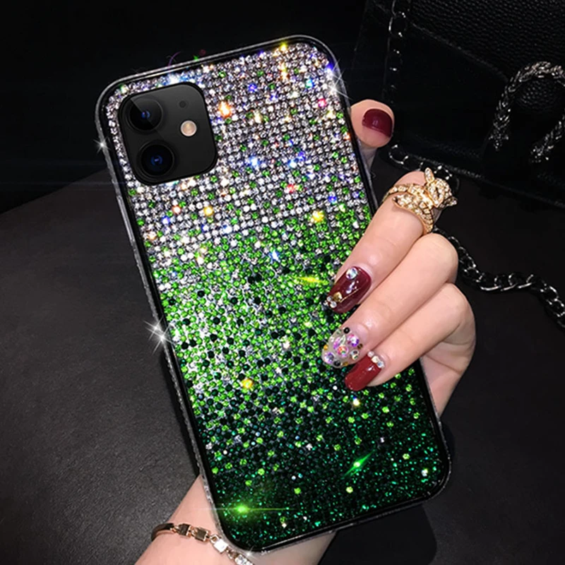 Phone Case iPhone Case Crystal Glass Rhinestones For iPhone 16 15 Pro Max Case Glitter Rhinestone Bling Gradient Diamond Cover For iPhone 14 Pro 13 12 11 Case Sparkling Bumper