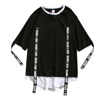 

Men spring summer ribbons patchwork black red punk rock t shirt street hip hop tee shirts men fake two piece harajuku clothes
