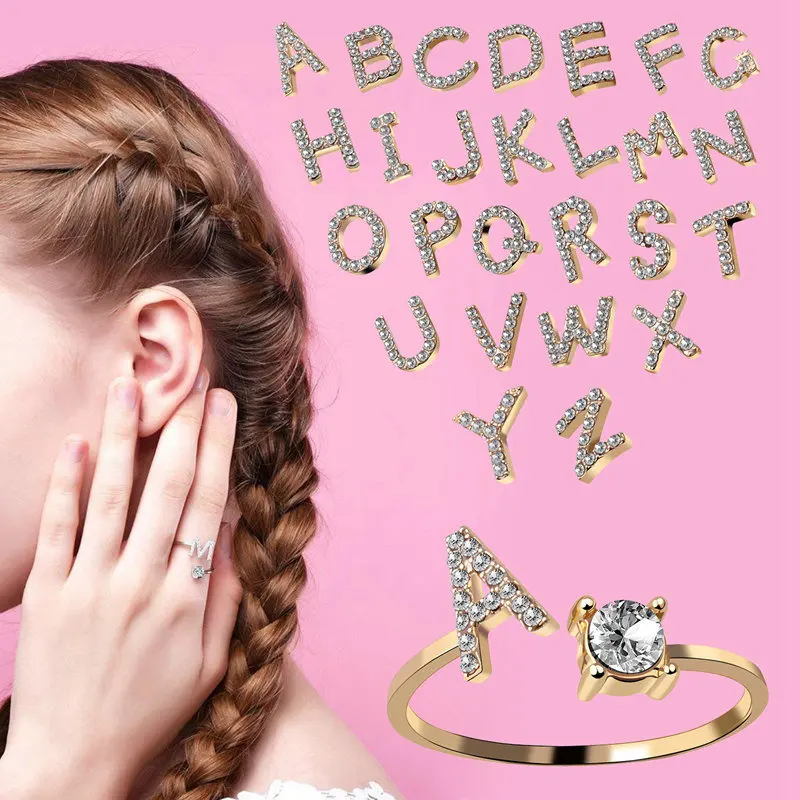Fashion 26 Letter Initial Open Rings For Women Zircon Gold Color Trendy Alphabet Finger Cuff Adjustable Ring Girl Lovers Jewelry,finger rings,fashion rings,zircon rings,fashion ring,gold rings