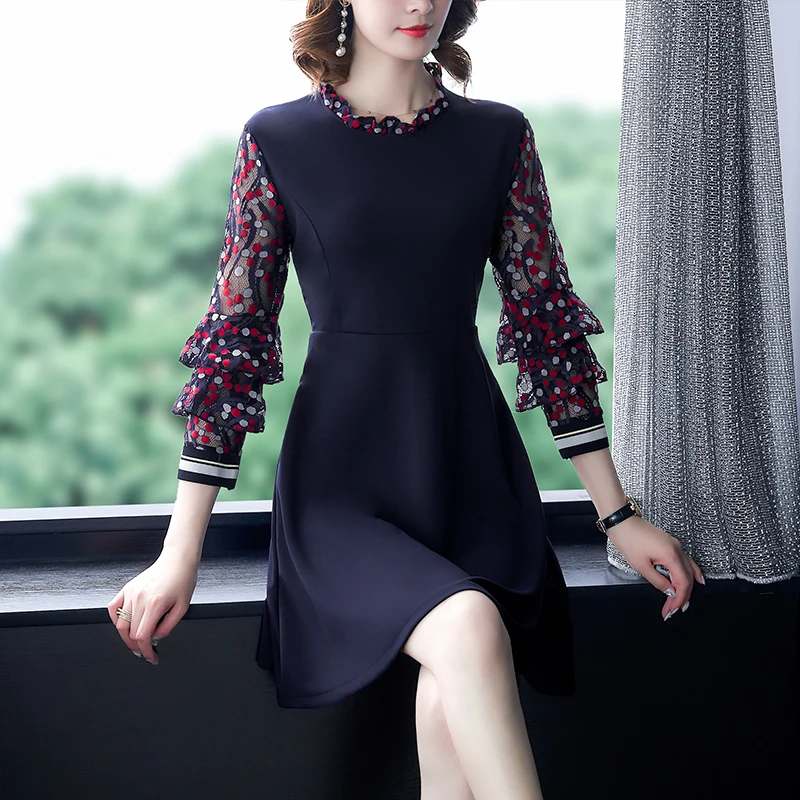 

Lace Dot Print Stitching Dress Female Spring New Fashion Mini Dresses Long Sleeve A-line Ladies Elegant Party Dresses