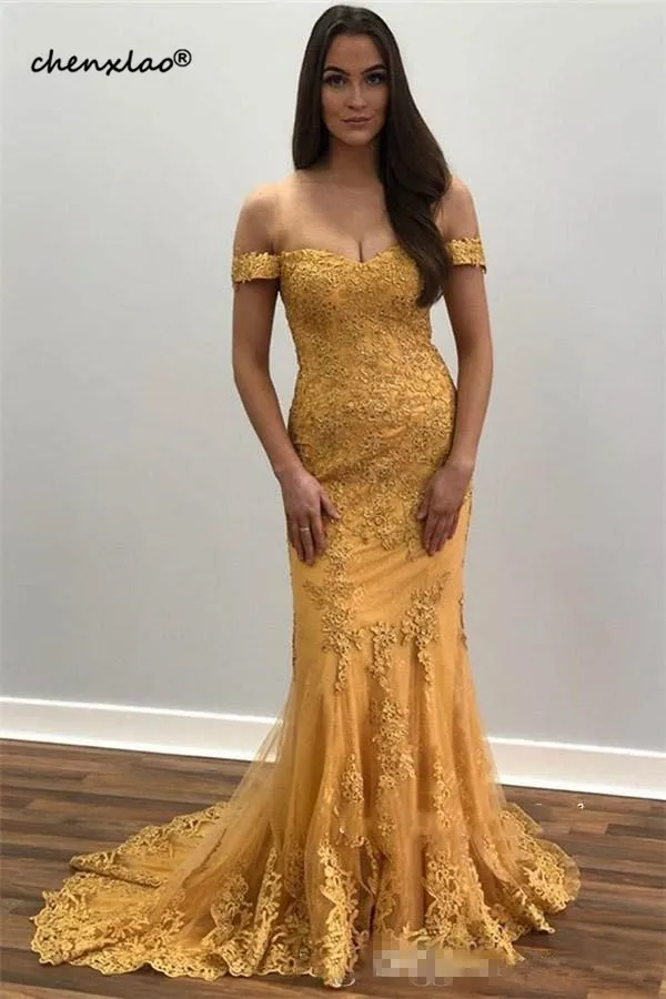 Винтажные золотые вечерние платья русалки Длинные vestidos de fiesta de noche арабские кружевные Выпускные платья вечерние платья с открытыми плечами - Цвет: same as image