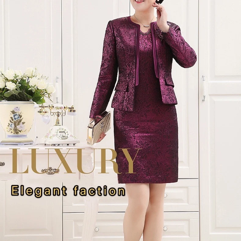 

Winter Purple Red Embroidery Mother of the Bride Dress With Jacket Knee Length 2 Piece Luxury Wedding Party Groom Mother Gowns