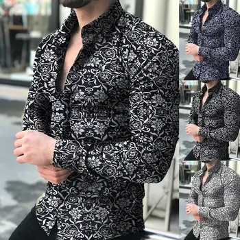 

Blouse men spring Autumn Fashion Men's Casual Printed Floral Long Sleeve Button Top Blouse Cloth Casual Collar Male Blouse new