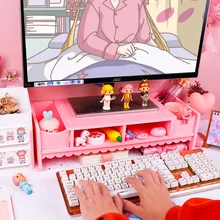 Pink Cute Monitor Stand Desktop Storage Solid Wood Bracket Notebook Desktop Computer Monitor Increase Rack Office Supplies