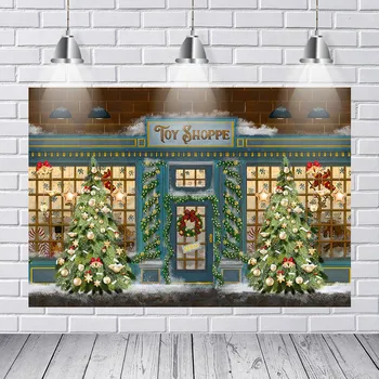 

Toy Shoppe Snow Christmas Trees Wreath Brick Window House Scenery Photography Backgrounds Photographic Backdrop for Photo Studio