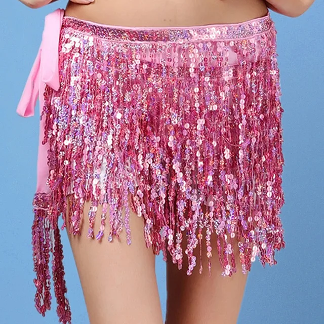 17 Colors Women Bellydance Clothing Accessories Tassel Belts 4 Rows Strips Rectangle Belly Dance Hip Scarf Sequins Fringes Belt Pink