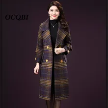 Зимнее женское пальто размера плюс, шерсть, длинное пальто, элегантное винтажное модное повседневное клетчатое корейское пальто