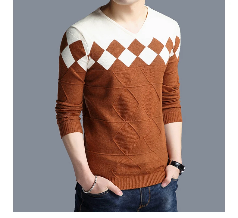 BROWON Autumn Vintage Sweater Men Collarless Sweater Christmas Sweaters Fashion V-neck Casual Slim Sweaters Men for Business