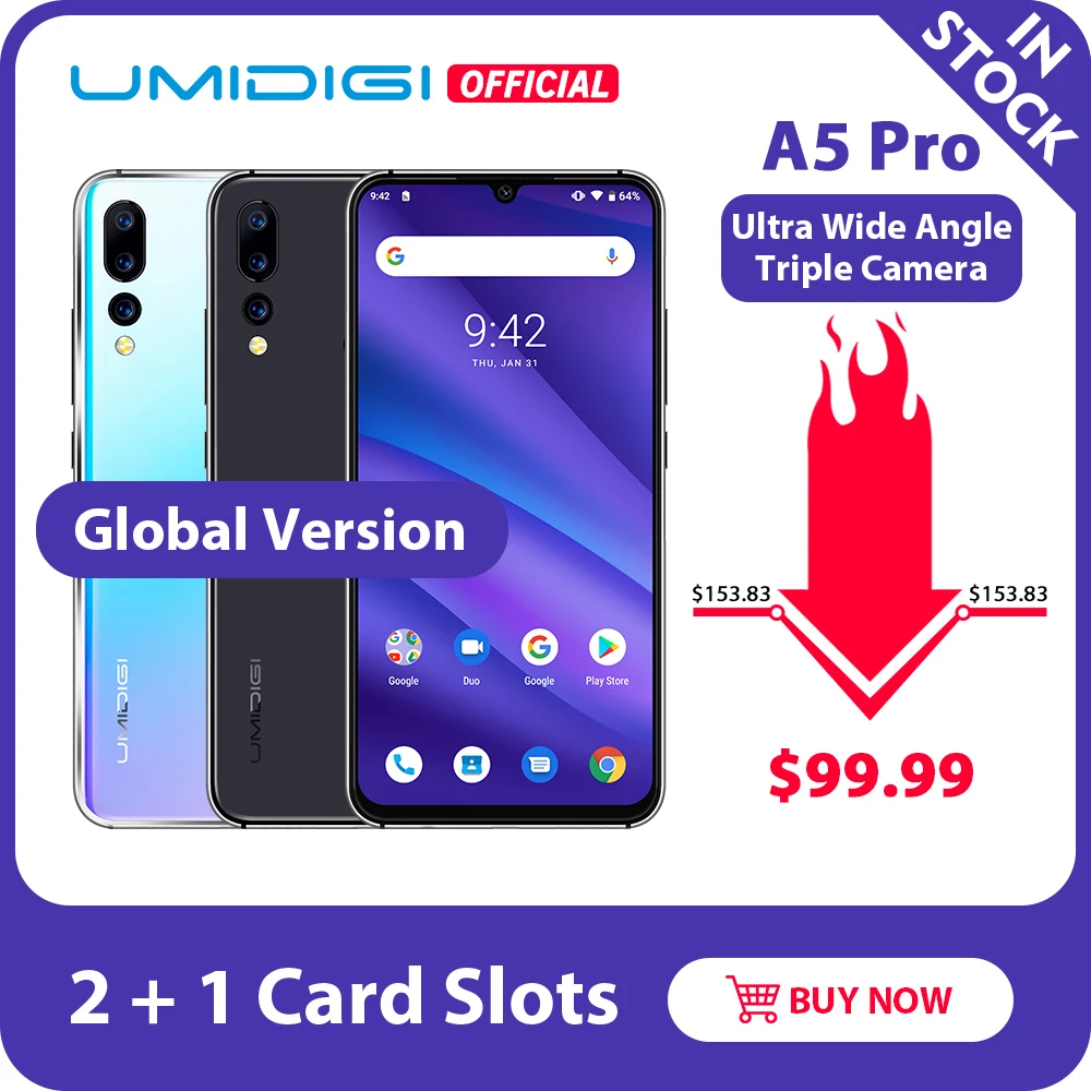 Мобильный телефон UMIDIGI A5 PRO Android 9.0 глобальная сеть тройная камера 16 Мп восемь ядер