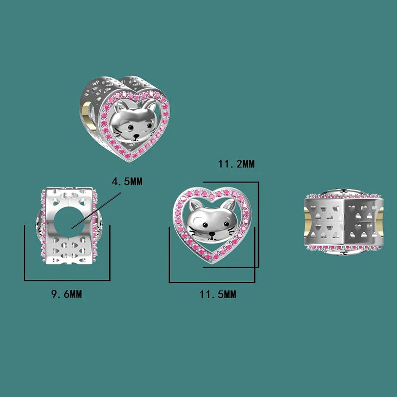 XiaoJing, 925, Серебряное сердце, розовое золото, бусина "Кошка", Шарм с фианитами, подходит для аутентичных браслетов pandora, сделай сам, ювелирное изделие для любимой, подарок