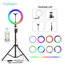 

PYNSSEU RGB LED Ring Lamp with Tripod Phone Clip Photography Colorful Light Ring with Remote Control for Video Live YouTube 20W