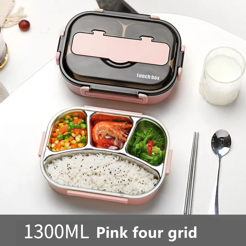 Pink 4 grid Bento Ланч-бокс, контейнер для еды для детей, 304 нержавеющая сталь, ящик для кухни, герметичный контейнер для еды, набор посуды - Цвет: Pink 4 grid