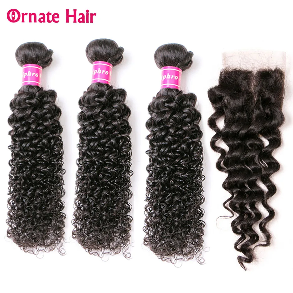 

Mongolian Kinky Curly Hair Bundles With Closure 4 Bundles Non Remy Human Hair Weave 4*4 Free Part Lace Closure Natural Color