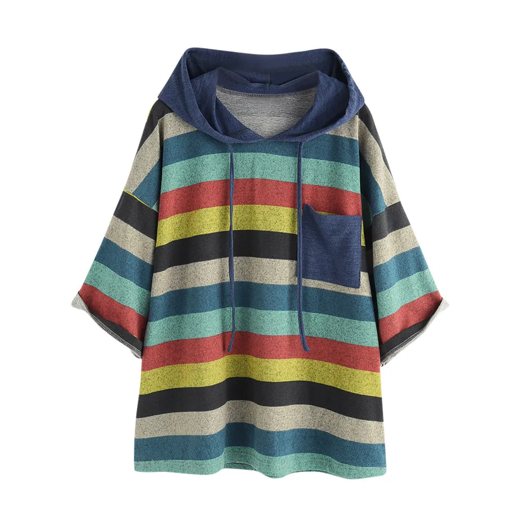 Jaycosin Fashion Autumn Casual Female O-Neck Multicolor Striped Sweatshirt Long Sleeve Comfortable Pocket Jumper Pullover 14#4