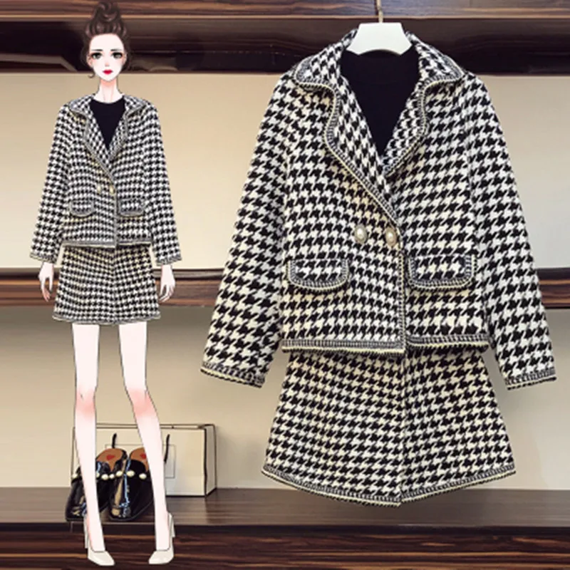 

Winter Retro Houndstooth Woolen 2 Piece Set Women Pearl Button Tweed Vest Dress And Turn-down Collar Tweed Blazer Suit Outfits
