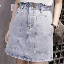 Лето сплошной цвет женская юбка эластичный высокой талией джинсовые юбки женские повседневные корейские большой карман женские модные юбки