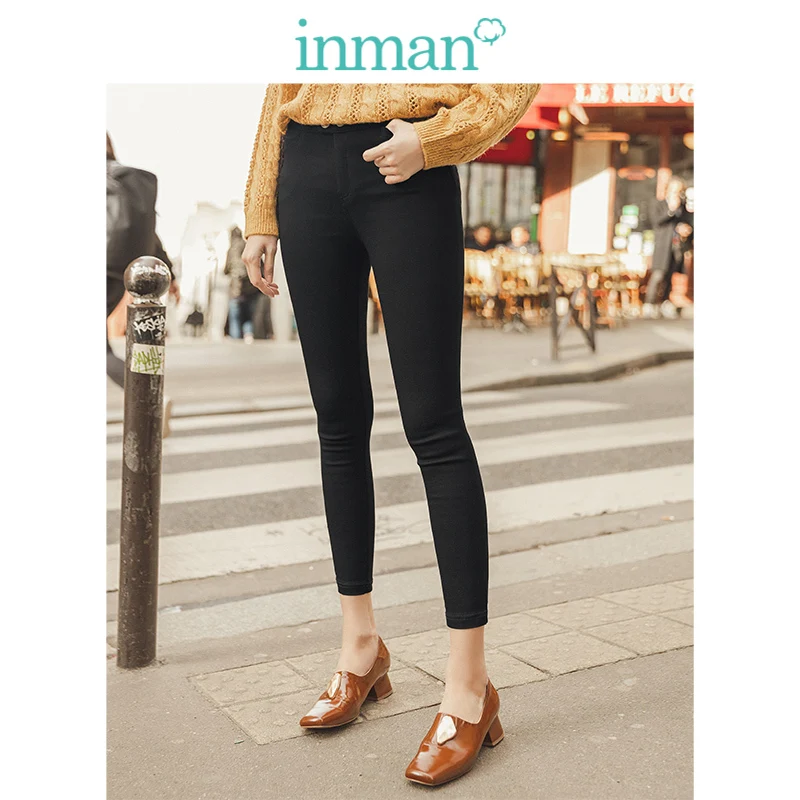 

INMAN 2019 Autumn New Arrival Viscose Blending Elastic Comfortable Medium High Waist Slim All Matched Black Woman Pencil Pants