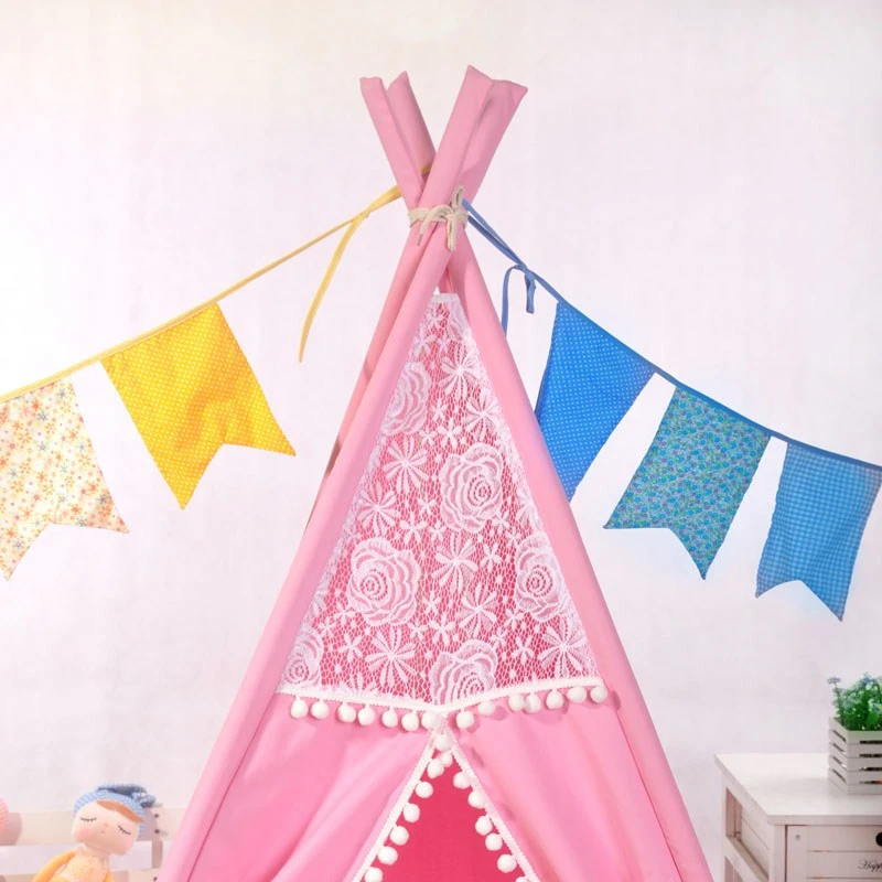 Розовый холст помпоны кружевная палатка teepee с холщовым полом