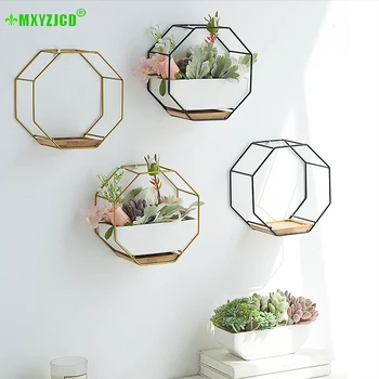 

Octagon Geometric Flower Pot Metal Iron Frame Ceramic Wall Hanging Potted Plant Container Office Desktop Decoration