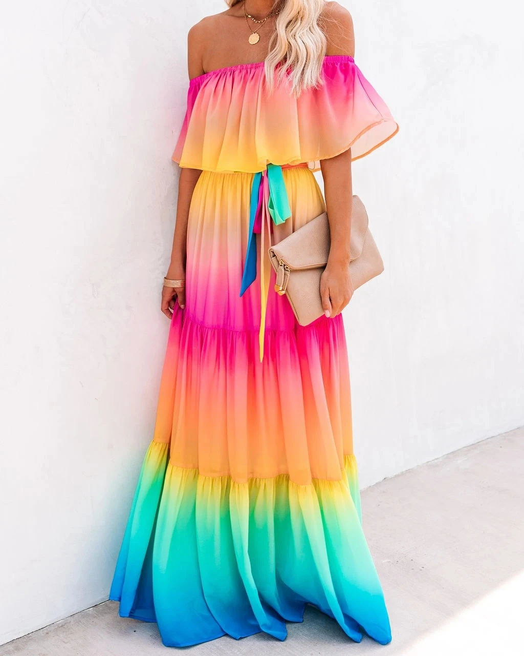 Women Off Shoulder Ombre Color Chiffon Dress Elegant Belted Ruffles Maxi  Evening Long Dress maxi dress vestidos mujer casual|Dresses| - AliExpress