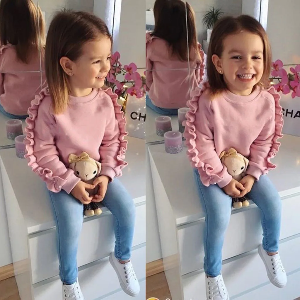 

2PCS Toddler Kids Girls Clothes Set Baby Girls Ruffle Pink Tops Denim Pants Winter Autumn Outfits Clothes Set Autumn And Winter