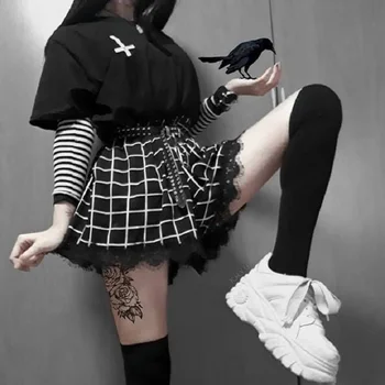 

Punk Gothic Women Shorts Black White Plaid Shorts Harajuku Shorts High Waist Lace Trim Chic Lace Streatwear Lolita Shorts Womens